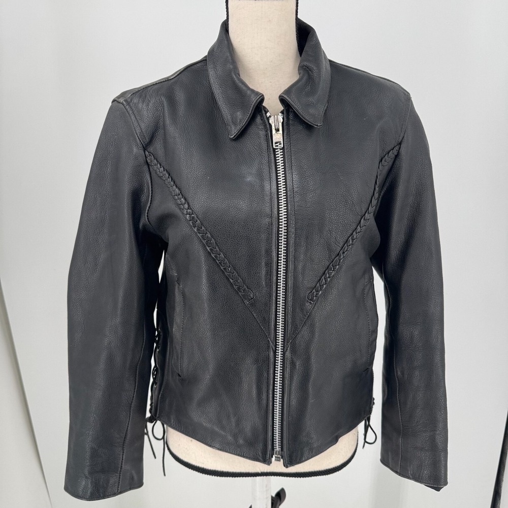 Interstate Leather Motorcycle Jacket WOMENS Black Full Zip Biker Riding Coat S